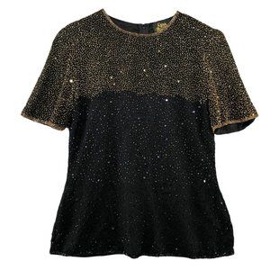 VTG Gina Bacconi 100% Silk Beaded Blouse Womens Sz 8 (M) Black Gold Short Sleeve